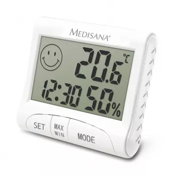 Elektronický interiérový vlhkoměr Medisana HG 100 — digitálny teplomer, vlhkosť vzduchu 20–90 %, teplota -10–50 °C, stolový displej, batéria AAA