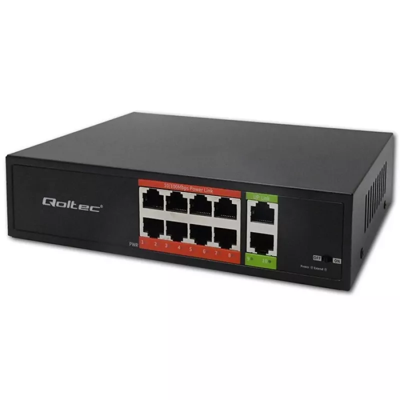 Sieťový switch QOLTEC FAST Ethernet PoE 8xRJ45 s 2xRJ45 uplink