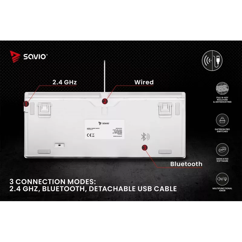 SAVIO PHENIX WHITE bezdrôtová mechanická klávesnica, Gateron Red Pro, ABS