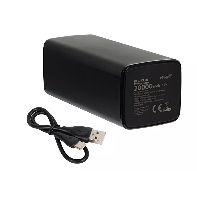 Prenosná powerbanka BLOW PB20G 20000mAh PD 65W, USB-C vstup/výstup, 2x USB-A výstupy, čierna
