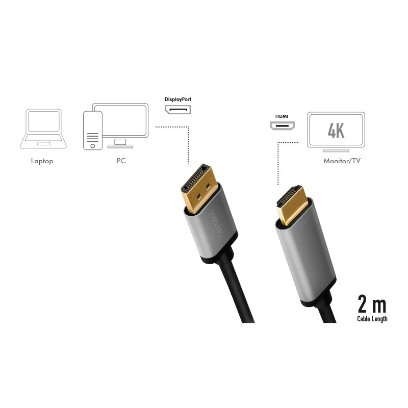 LogiLink CDA0107 videokáblový adaptér 2 m DisplayPort HDMI čierny sivý
