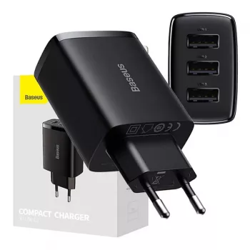 Baseus kompaktná rýchlonabíjačka, 3x USB, 17 W (čierna)