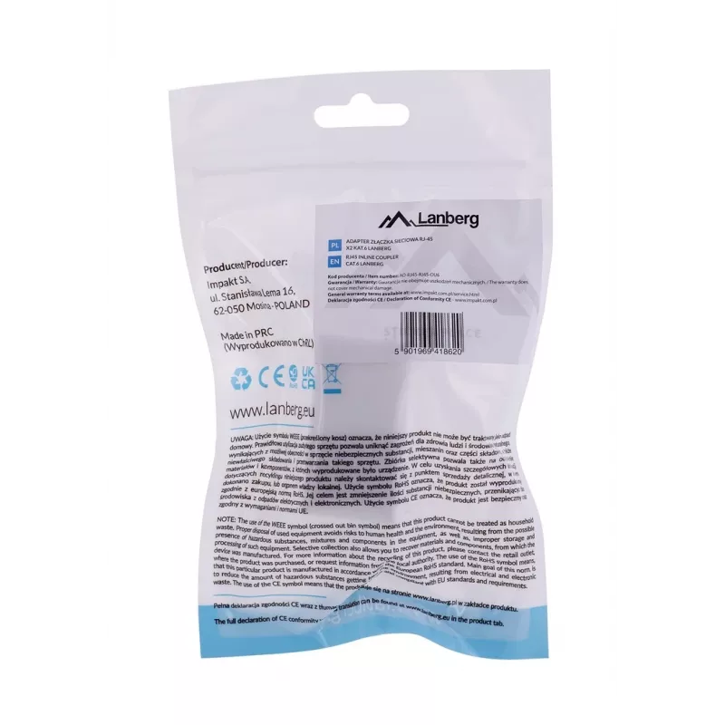 Lanberg AD-RJ45-RJ45-OU6 spojka RJ45 Cat.6 UTP, biela