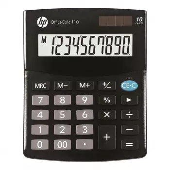 Stolná kalkulačka HP OC 110 — 10-miestny LCD, batéria/solár, CR2032, 24 tlačidiel, čierna, 101×33×125 mm