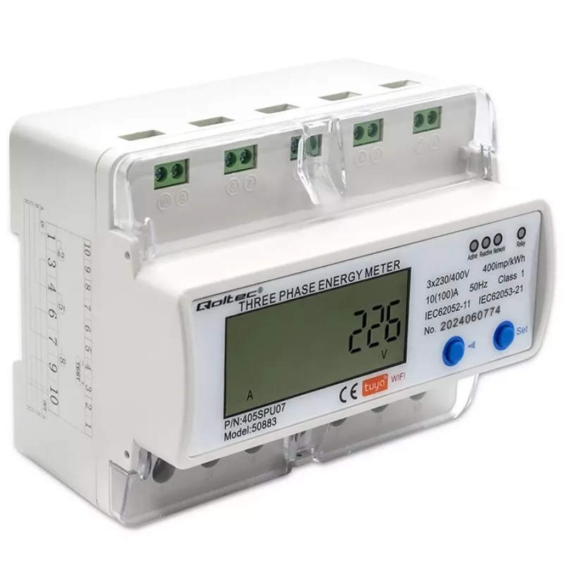 Trojfázový elektromer QOLTEC 50883 Wi‑Fi 400V s LCD displejom