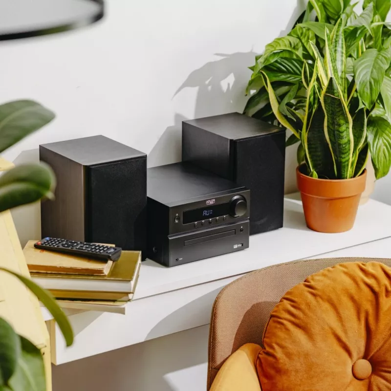 Mini Hi‑Fi stereo systém Adler AD 1917 — Bluetooth V5.3, CD/USB/MP3, 2×25 W RMS, FM tuner, 4‑pásmový ekvalizér, AUX, čierny