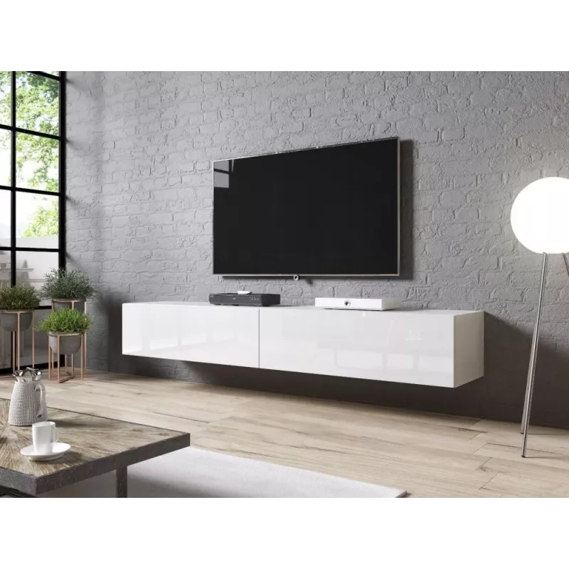 TV stojan cama meble SLIDE 200 — 2000×400×300 mm, biely lesklý MDF doska, biely podstavec