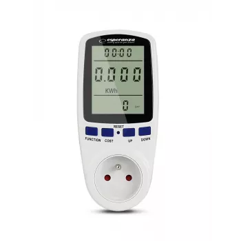 Merač spotreby elektriny ESPERANZA ELA103 s LCD displejom — 16 A, 3680 W, 230 V, 50–60 Hz
