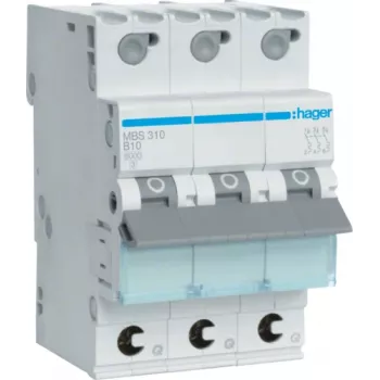 Hager MBS310. Menovitý prúd: 10 A, vstupná frekvencia AC: 50/60 Hz. Typ: B-type, počet modulov (max): 3 modul(y). Šírka: 52,5 mm, hĺbka: 70 mm, výška