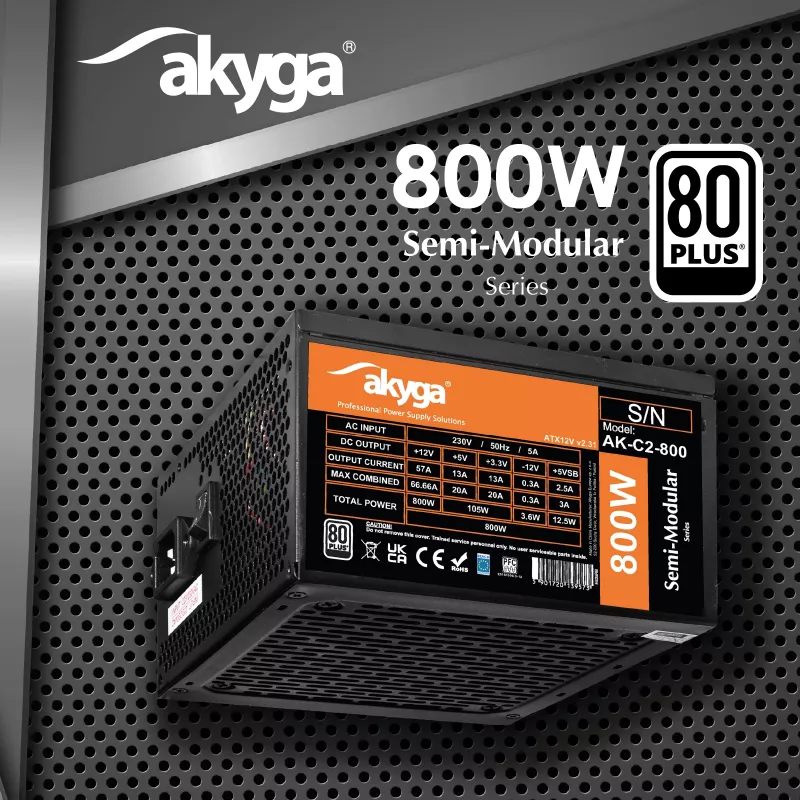 Akyga AK-C2-800 Classic 800 W ATX napájací zdroj, čiastočne modulárny, aktívne PFC, 120 mm ventilátor