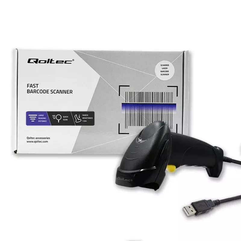 Qoltec 1D laserový čítač čiarových kódov | USB | čierna