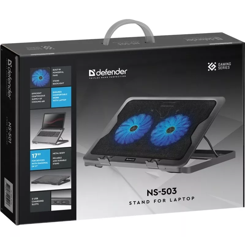 Chladiaci podložka pod notebook DEFENDER NS-503 pre notebooky do 43,2 cm (17 palcov), 2 ventilátory, napájaná cez USB, čierna