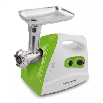 Mlynček na mäso ESPERANZA EKM012G — 600 W, nerezová čepeľ, nadstavec na klobásy, nadstavec na kebbe, reverzný chod, protišmykové nožičky, biela/zelená