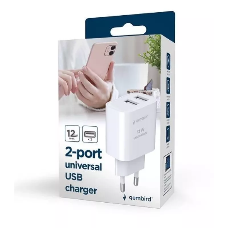 Nabíjačka Gembird TA-UC-2A12-01 interiérová AC 2.4A 2 USB biela
