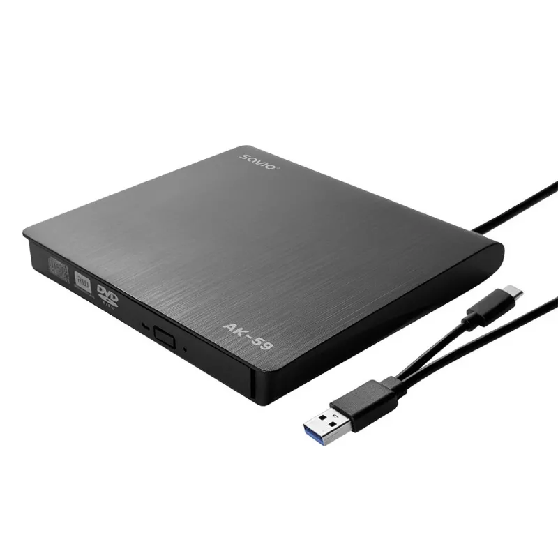 SAVIO AK-59 externá štíhla CD/DVD vypaľovačka R/RW - USB-C/USB-A, čierna
