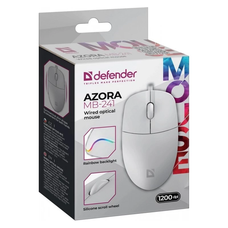 Káblová myš DEFENDER AZORA MB-24 — obojručná optická USB myš, 1200 dpi, 3 režimy rozlíšenia, biela, 109×86×34 mm