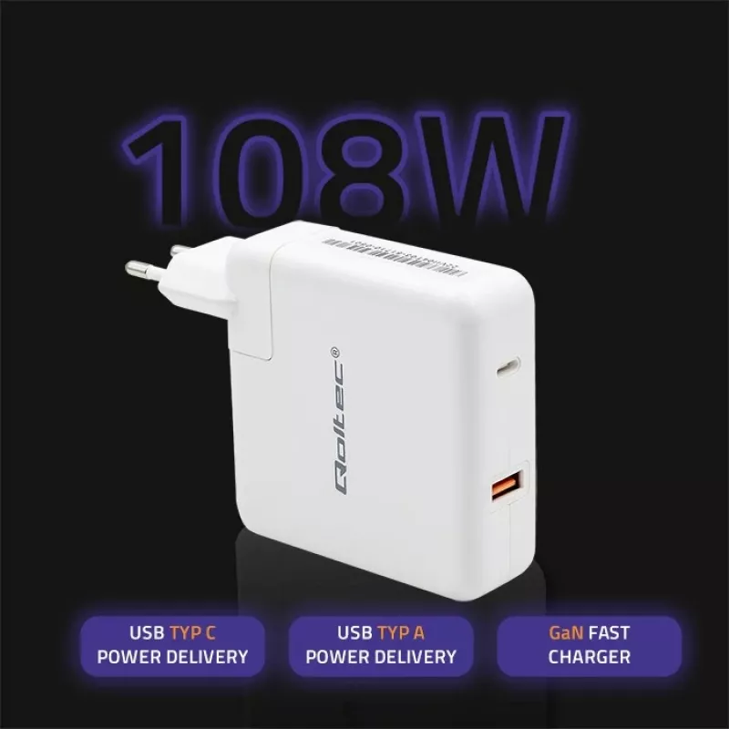 Qoltec GaN nabíjačka FAST 108W | 5-20V | 3-4.7A | USB C | biela