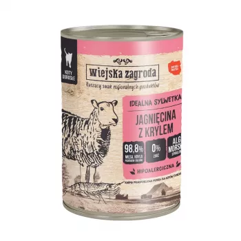 Vlhké krmivo pre mačky wiejskazagroda jahňacie s krillom 400 g — dospelé, bez obilnín, konzerva