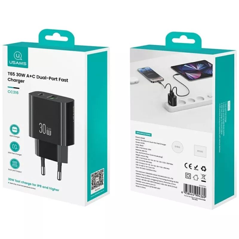 USAMS nabíjačka USA001631 30W s 1x USB-C a 1x USB-A rýchle nabíjanie