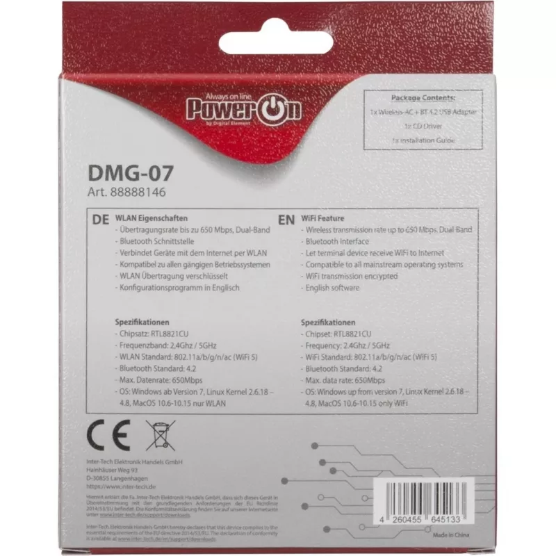 Inter-Tech DMG-07 – Wireless – USB – WLAN / Bluetooth – Wi-Fi 5 (802.11ac) – 650 Mbit/s – čierna (88888146)
