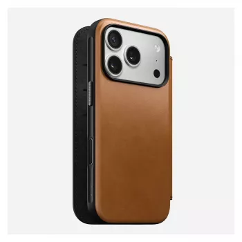 Folio puzdro Nomad Modern Leather Folio pre iPhone 17 Pro, koža + hliník, 6,3 palcov (16 cm), Tan, 3 priehradky na karty