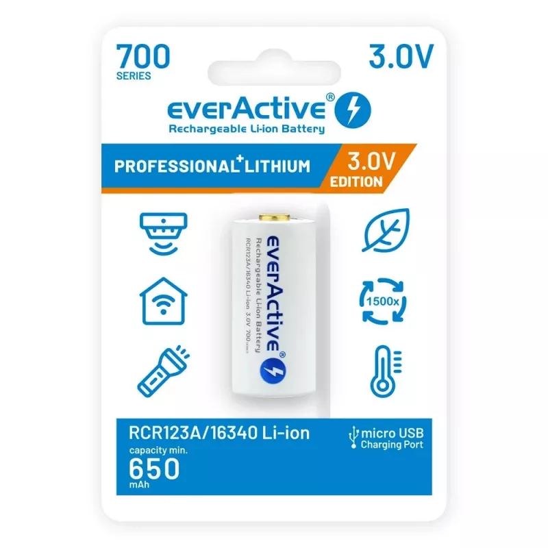 Nabíjateľná batéria everActive EV16340 700mAh 3V s funkciou nabíjania Micro-USB