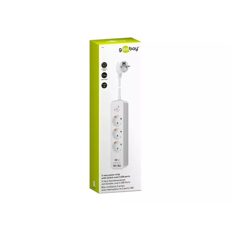 Goobay 3-násobná predlžovacia zásuvka s vypínačom a USB, 1,5m kábel, typ F