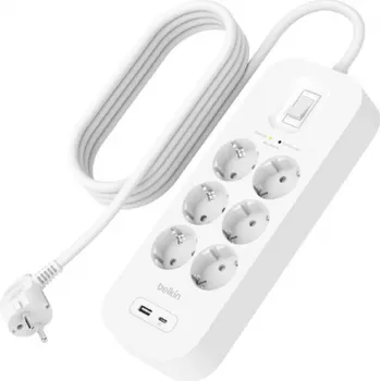 Prepäťová ochrana Belkin SRB002VF2M‑V2 — 6 zásuviek, 2 m kábel, USB‑C a USB‑A porty