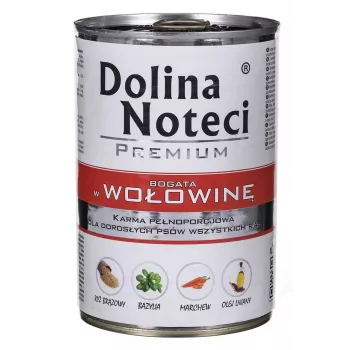 Mokré krmivo pre psov Dolina Noteci hovädzie a bravčové Adult konzerva 400 g, proteín 11 %, tuk 6 %, vlhkosť 78 %