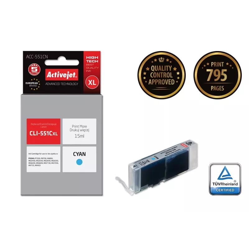 Activejet ACC-551CN tintová kazeta (náhrada za Canon CLI-551C; Supreme; 15 ml; azúrová)