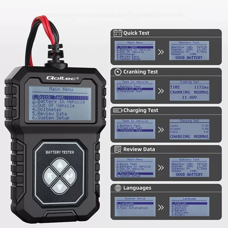 Qoltec digitálny tester batérií s LCD | Poľské menu | 12V | AGM | GEL | STD | 30-220AH