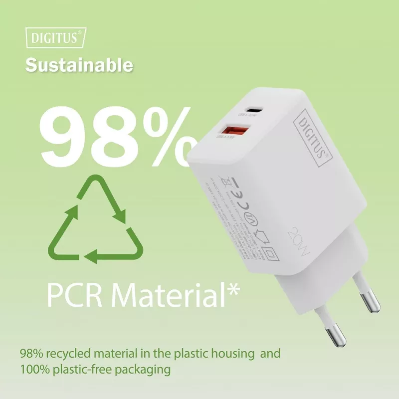 AC USB nabíjačka DIGITUS 20W, 1x USB-C, 1x USB-A, vstup 100–240V, biela