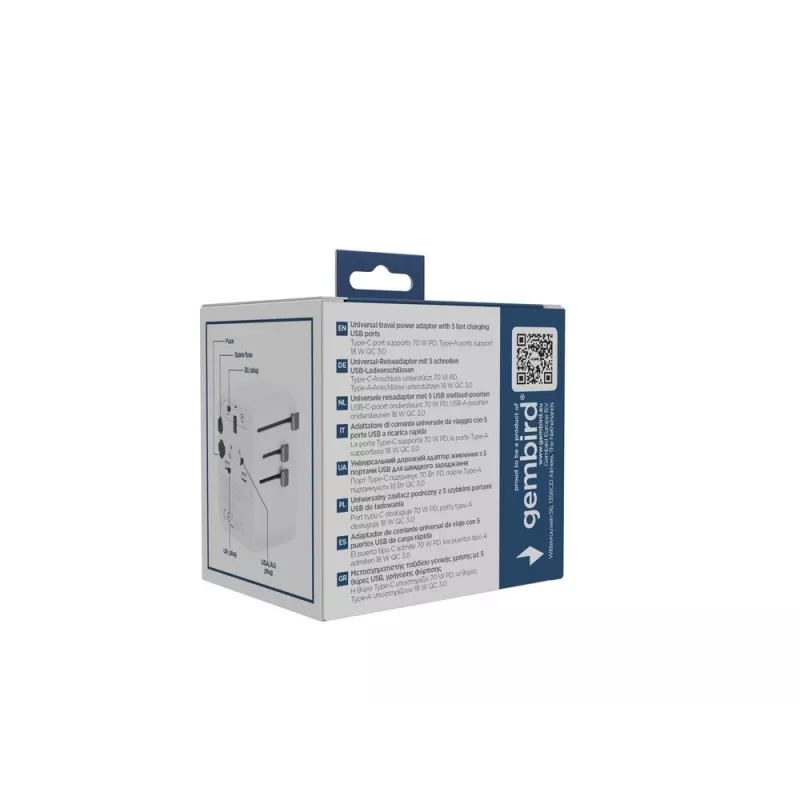 Gembird TPA-2A3C70-01-W univerzálny cestovný napájací adaptér, 3x USB-C, 2x USB-A, 70 W, GaN, biely