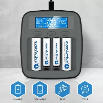 Nabíjačka batérií everActive NC1000MV2 – Ni-MH 4-slotová USB-C nabíjačka, 4 články, 5V, čierna, 110×99×38 mm