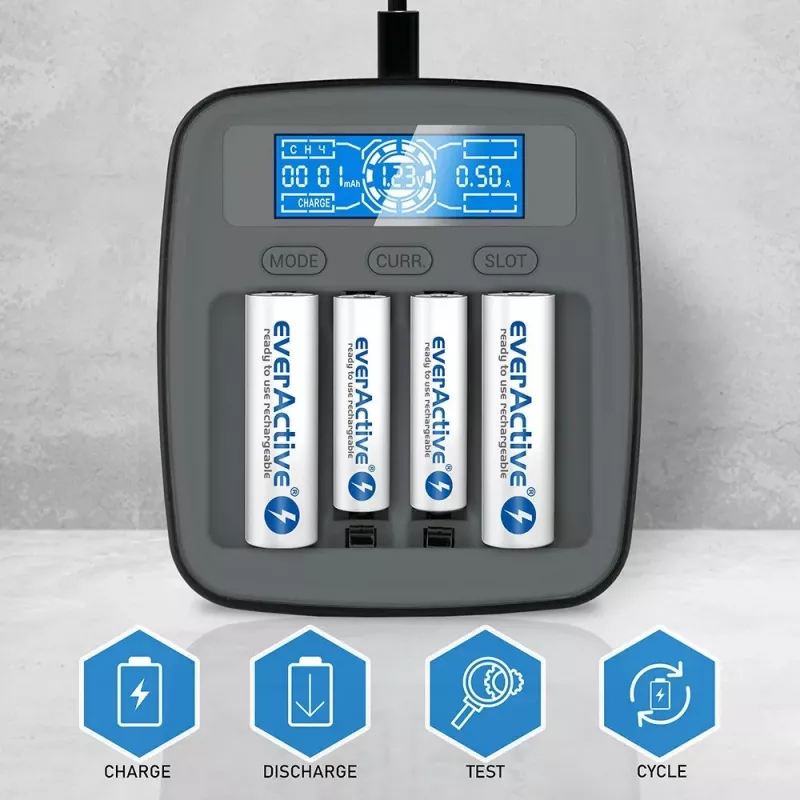 everActive NC-1000M V2 nabíjačka batérií, Ni-MH, 4 sloty AA/AAA, USB-C, čierna