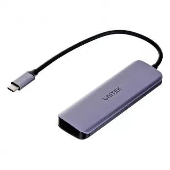 USB hub Unitek P5+ — 5 portov (4 × USB 3.2 Gen 2 Type-A), USB 3.2 Gen 1 host, 5 Gbit/s, 10 W PD, hliník, sivá