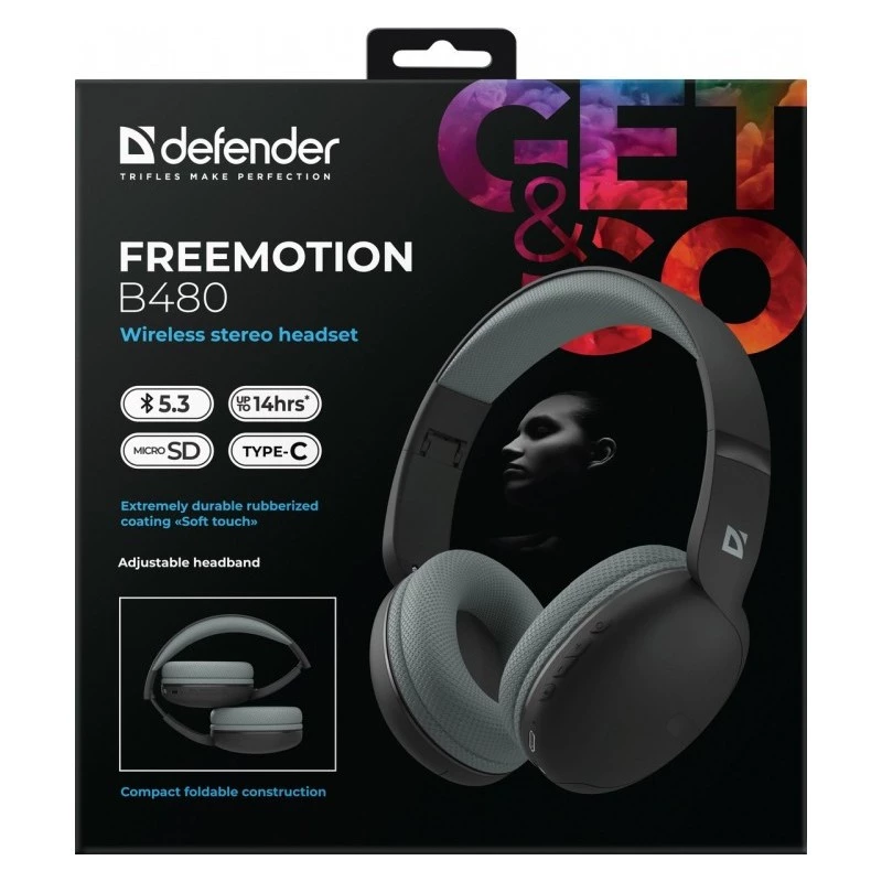 Defender FreeMotion B480 63480 bezdrôtové slúchadlá na uši, Bluetooth 5.3, USB-C, AUX, microSD, až 14 h, 20-20000 Hz, čierne