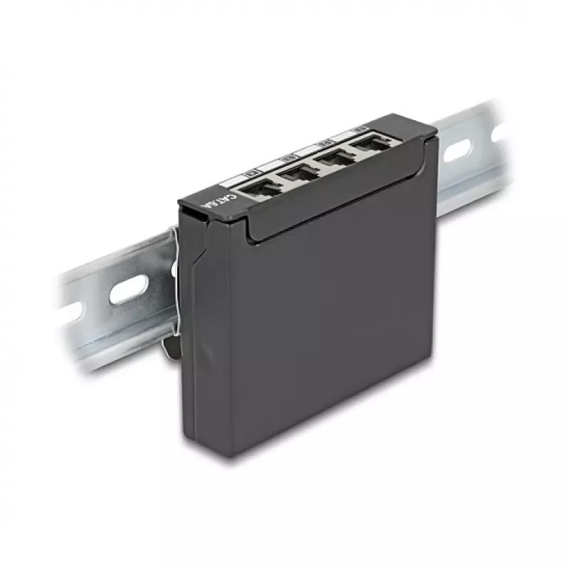 Patch panel DELOCK Mini Desktop RJ45 4 porty Cat.6A tienený čierny, kov, 90×22×93 mm