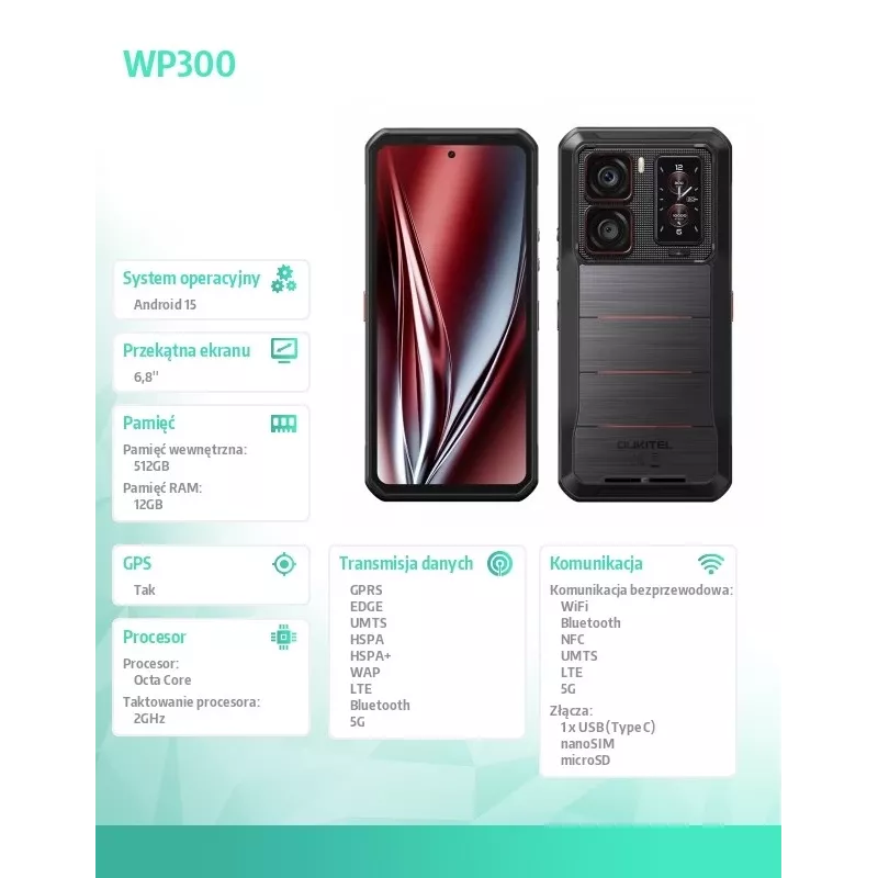 Smartfón Oukitel WP300 5G, 6,8 palca, 12 GB RAM, 512 GB, 16000 mAh, IP69K, Android 15, čierny