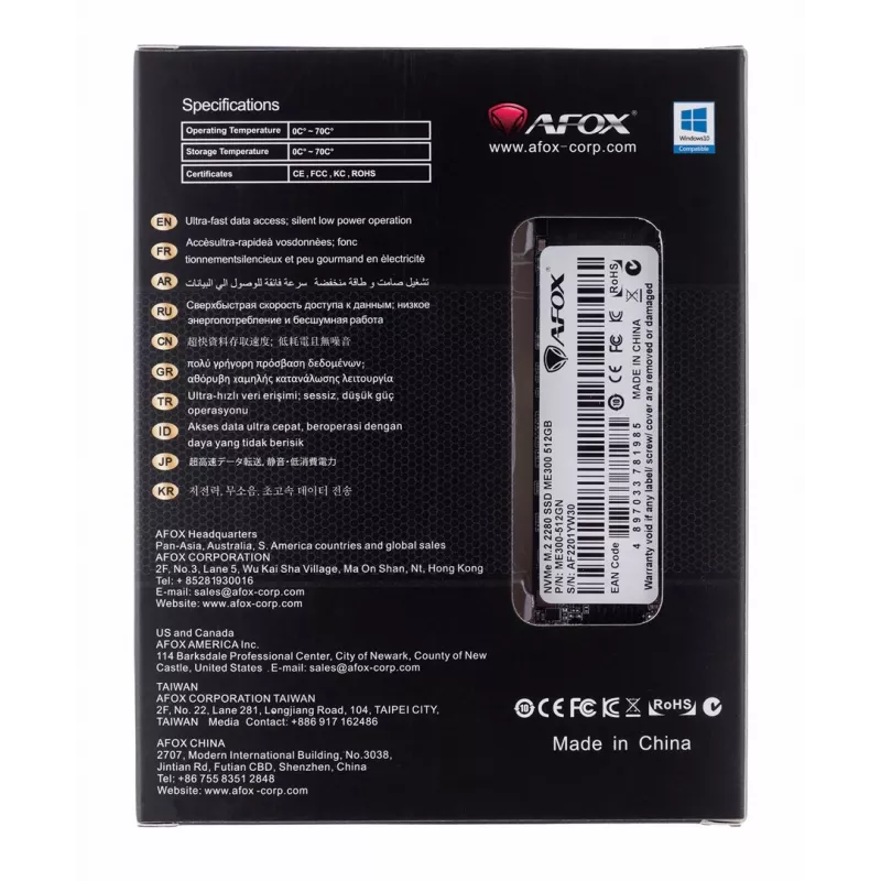 AFOX ME300-512GN SSD disk M.2 2280 512 GB PCIe 3.0 NVMe TLC