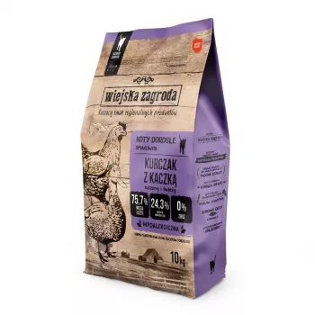 Suché krmivo pre mačky wiejskazagroda COUNTRY FARM kuracie s kačacím 10 kg — dospelé, bielkoviny 44 %, tuk 17 %, bez lepku, bez sóje