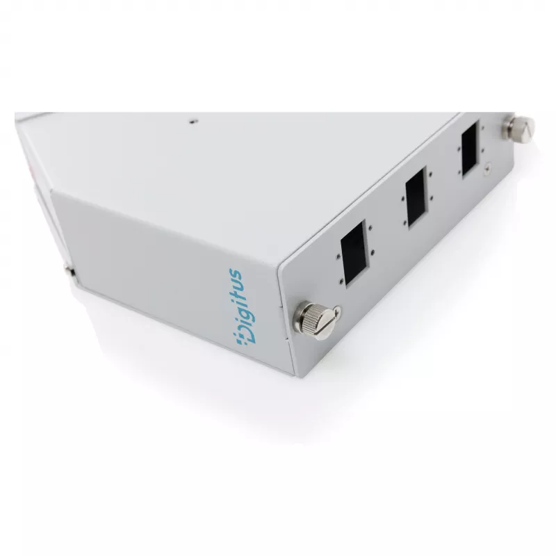 DIN lištový optický spleťový rozvádzač DIGITUS DN-96894 — uhlový, 6 SC SX / LC DX, hliník, sivá