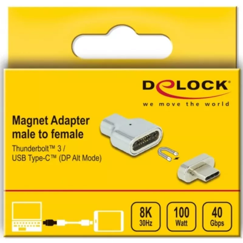 DeLOCK - Thunderbolt / USB-C adaptér - USB-C (M) magnetický na USB-C (W) - USB 3.2 Gen 2 / Thunderbolt 3 4,5 A - podpora 8K - strieborný (66433)