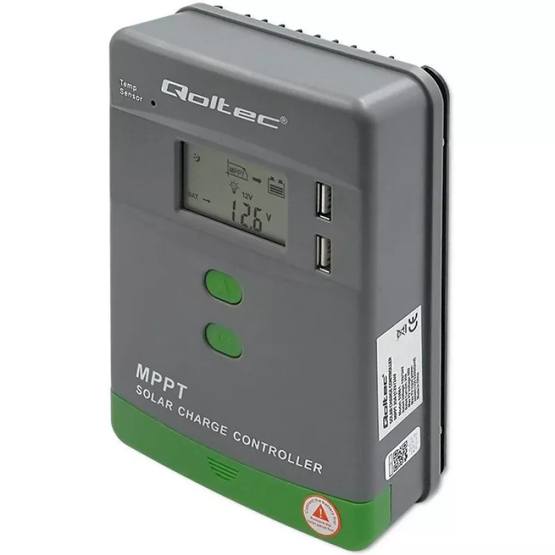 Qoltec, solárny MPPT regulátor nabíjania s teplotným senzorom 20A 12V/24V displej LCD 2 X USB