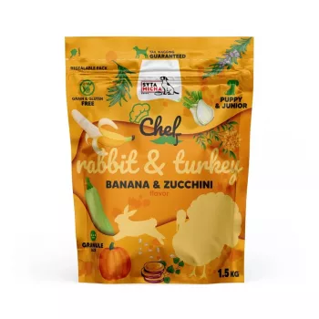 Suché krmivo pre psov SYTA MICHA Chef králik s morčacinou junior 1,5 kg — suché krmivo pre šteniatka, 28 % bielkovín, 14 % tuku