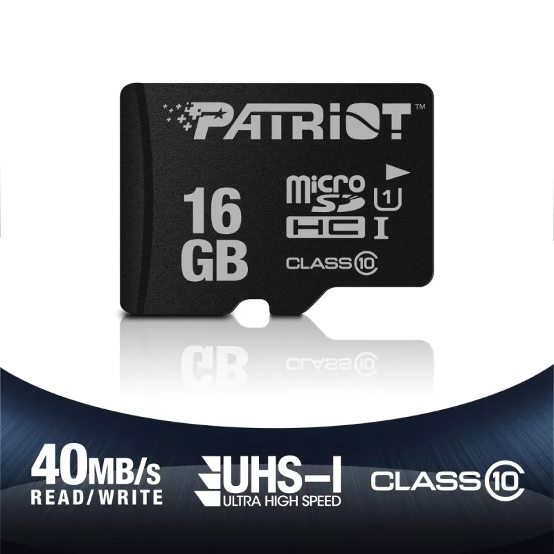 MicroSDHC pamäťová karta PATRIOT PSF16GMDC10 — 16 GB, Class 10, UHS-I (U1), 80 MB/s, čierna