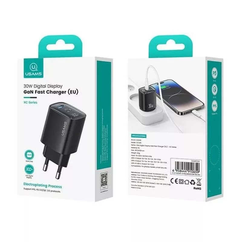 USB a USB-C 30W GaN rýchlonabíjačka usams CC229 biela — LED indikátor, kompaktný dizajn