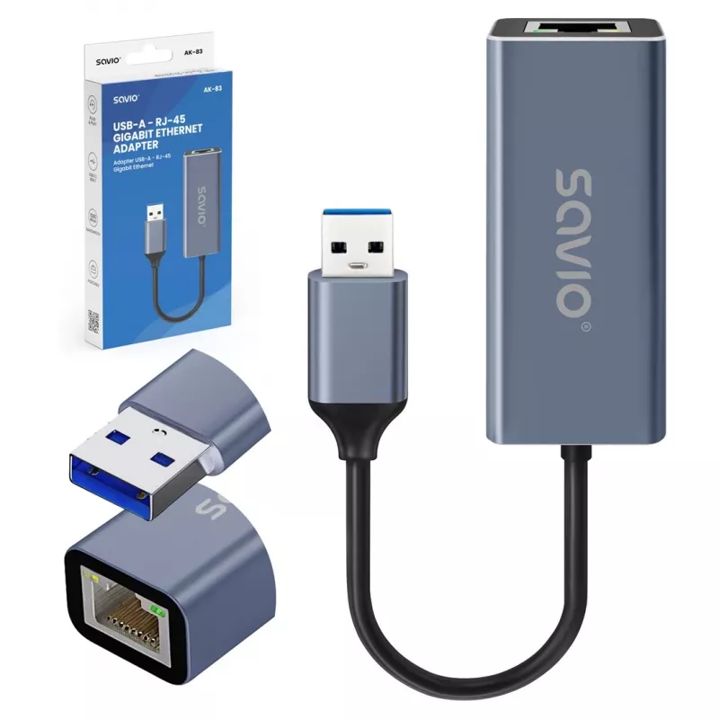 Sieťový adaptér SAVIO AK-83 USB Type-A na RJ-45 konektor samec, 5 Gbit/s, čierny