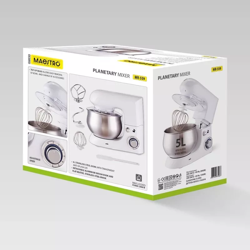 Planétový mixér Maestro MR-559, 5,0 l nerezová misa, 2000 W, 6 rýchlostí, otočný regulátor