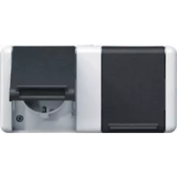 Zásuvka Type F JUNG 8220 W — IP44, 250V/16A, termoplastové puzdro, 151×75×58 mm, čierna/biela